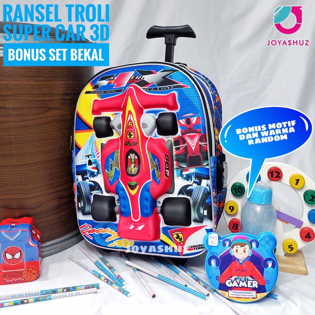 Tas Troli Anak Laki Laki Super Car - Tas Troli 3 Dimensi - Tas Troli Sekolah Gratis Botol Minum - Ransel Anak Troli TK - Tas Troli Anak Karakter Super Car 3D - Tas Troli Gratis Botol Minum - Ransel Troli Keren - Ransel Troli Super Car - Joyashuz