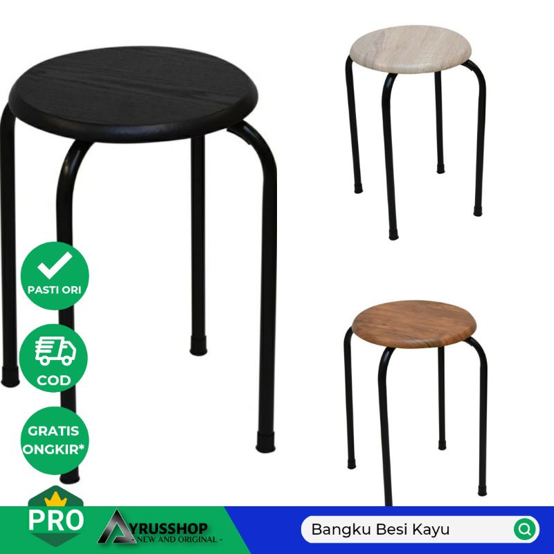 Kursi Cafe Bulat/Bangku Besi Minimalis Dudukan Kayu/Kursi Metal Estetik Minimalis Serbaguna