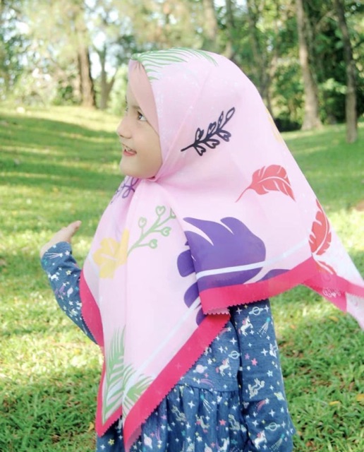 VOAL PRINTING ANAK MOTIF LEAVES / FLOWER PINK / HIJAB ANAK LUCU / JILBAB ANAK KARAKTER