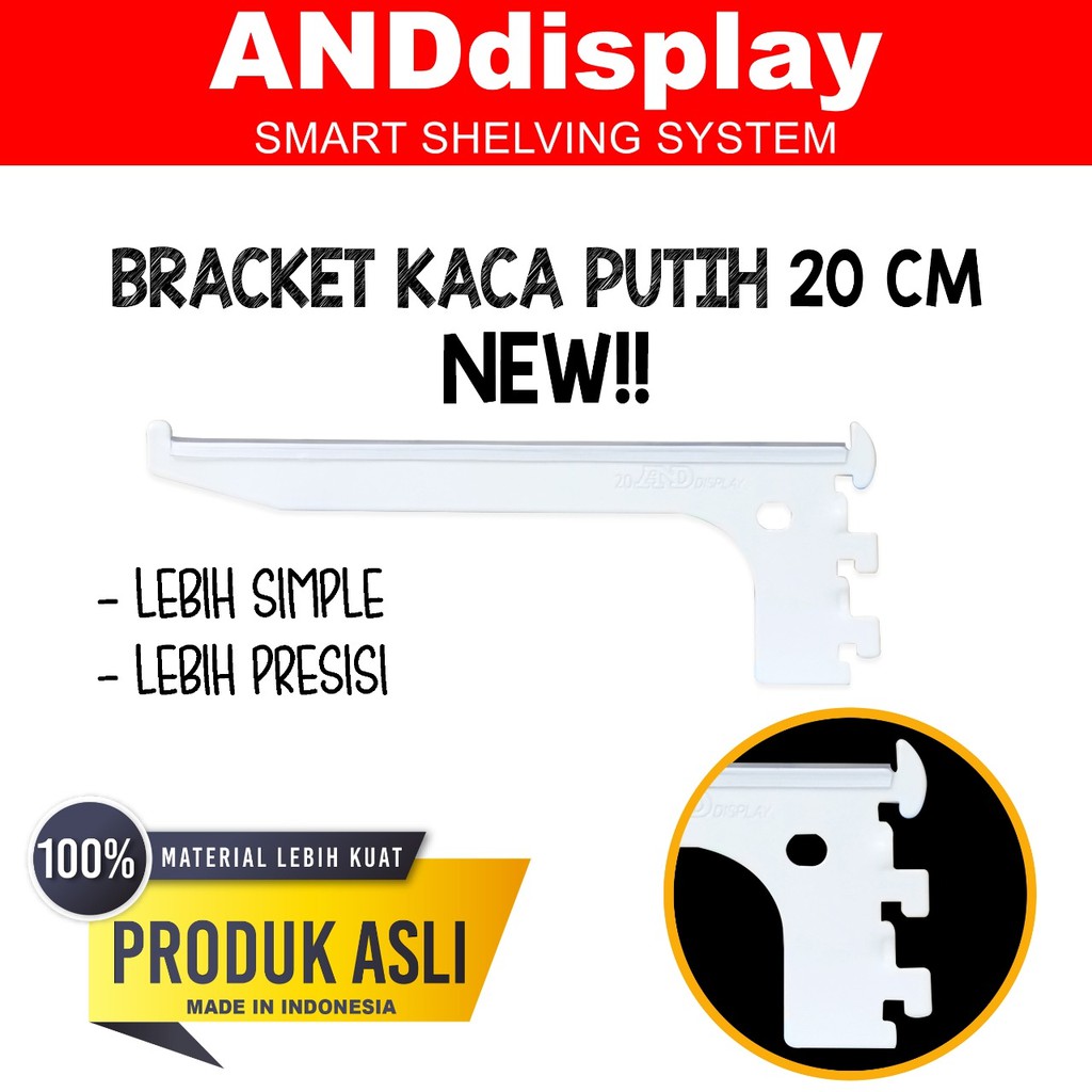 DAUN AMBALAN BRACKET KACA 20 CM PUTIH PENYANGGA RAK BRAKET ANDDISPLAY