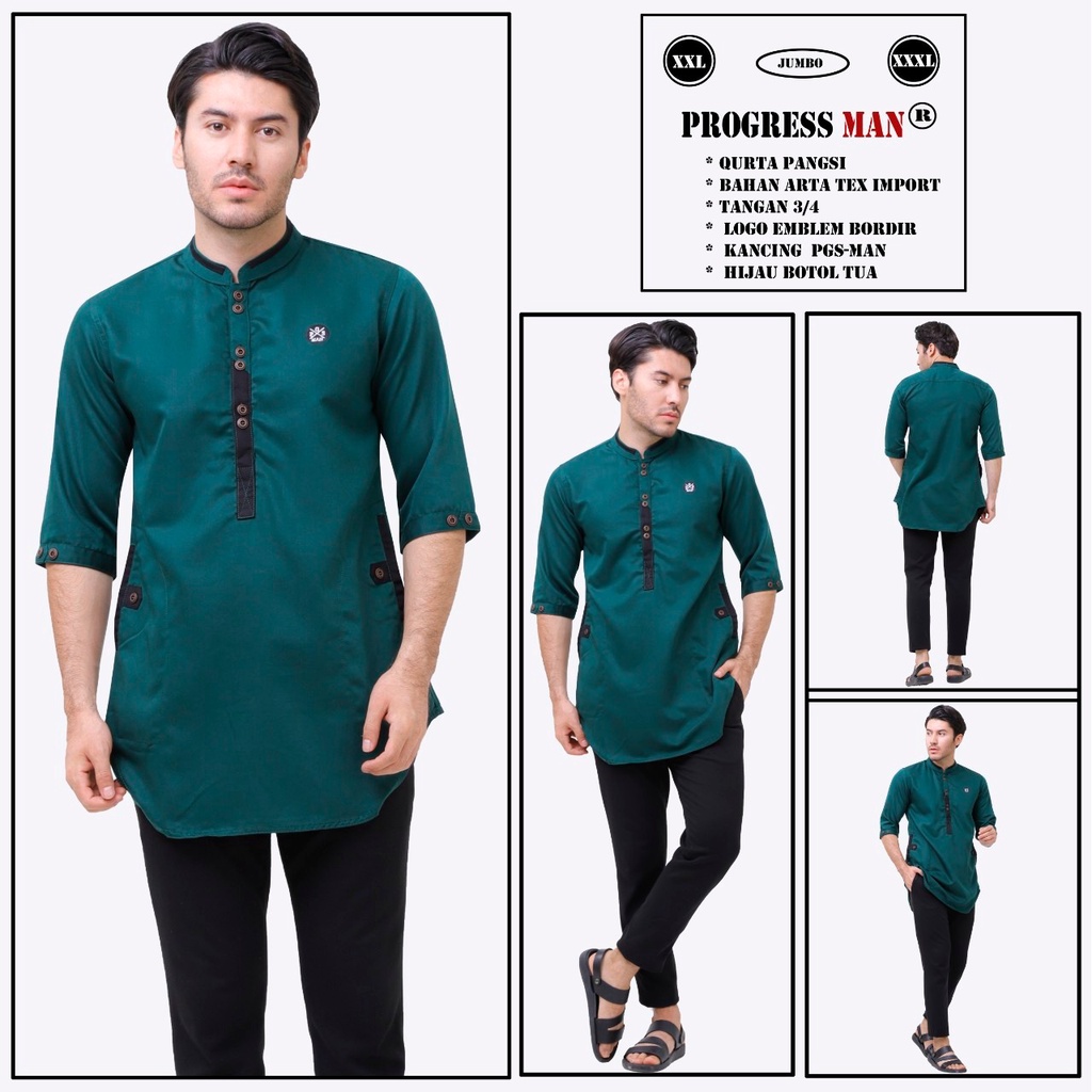 PROGRESS MAN baju koko pria lengan tiga perempat koko kurta pangsi jumbo kemeja koko pria lengan tiga perempat koko kurta pangsi big size baju kurta pangsi dewasa logo bordir Hitam P4N9S303