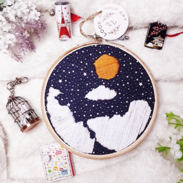 Hiasan Dinding Hoop Art Cloudy Night/Hiasan Dinding Estetik/Wall Decor/Dekorasi Dinding Hoop Art/Emb