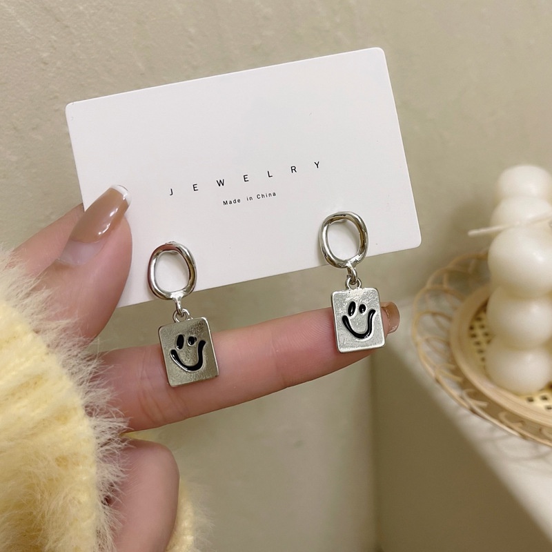 Anting Tusuk Sterling Silver 925 Desain Geometri Smiley Simple Untuk Wanita 4640