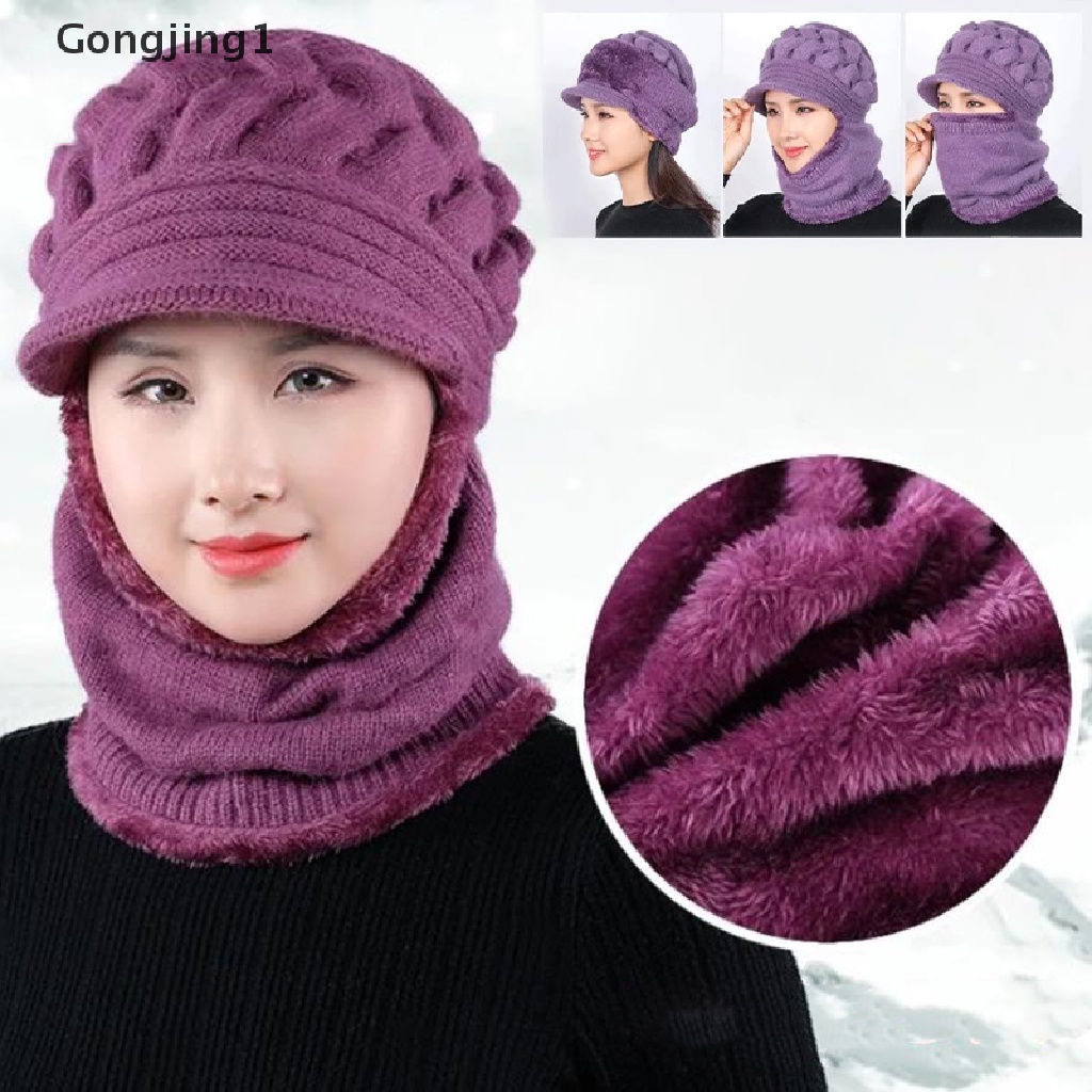 Gongjing1 Topi Kupluk + Syal Rajut Tebal Hangat Anti Angin Untuk Wanita / Musim Dingin / Bersepeda