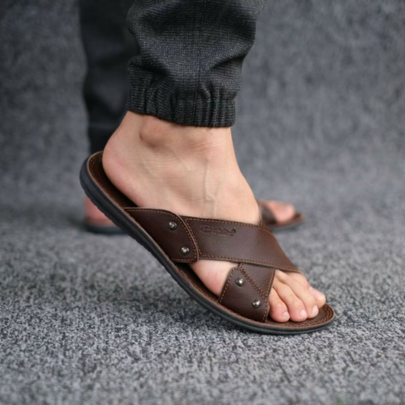 BRLN 003 Brown Sandal Pria Full Kulit Asli Original Sendal Santai Anti Slip Klasik