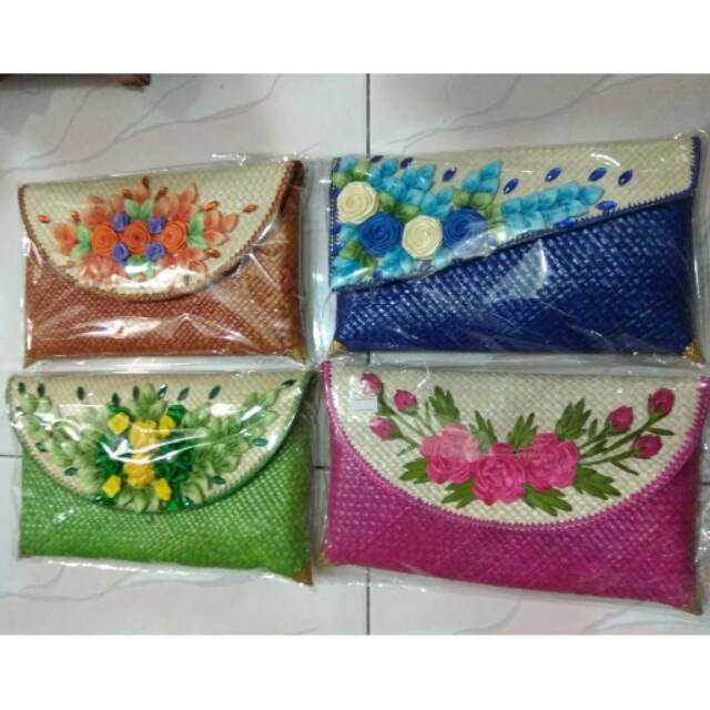 TERMURAH! TERLARIS! ENVELOPE CLUTCH BAHAN ROTAN DENGAN BUNGA - TAS WANITA UNIK DAN CANTIK KHAS JOGJA