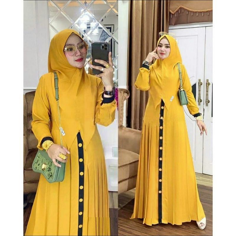 Gamis terbaru wanita muslim syari busui elisa dress-Kuning mustard