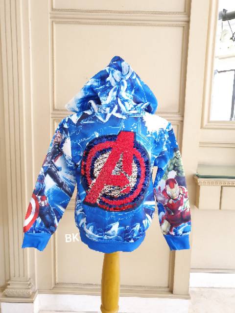 REVERSE SEQUIN AVENGER OUTER / JACKET HOODIE ANAK LAKI MOTIF MARVEL SPIDERMAN IRON MAN  THOR IMPORT