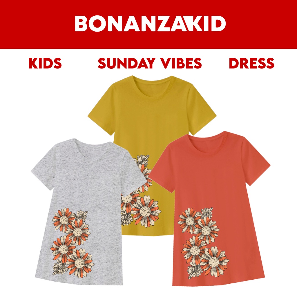 Dress Kaos Flower Sunday Vibes Untuk Anak Usia 4 Sampai 8 Tahun Bahan Katun Combed 30s