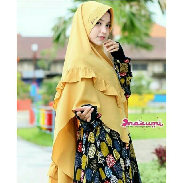 NZ Monalisa Set Hijab ori by Nazumi black mustard/ Gamis set hijab / khimar muscrepe rempel