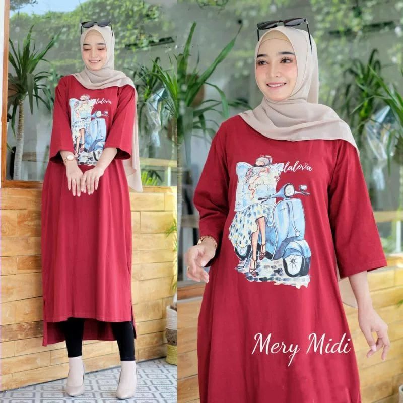 Mery midi/baju dress midi  cewek muslimah terbaru/terlaris kaos midi bahan combed 24s aplikasi sablon