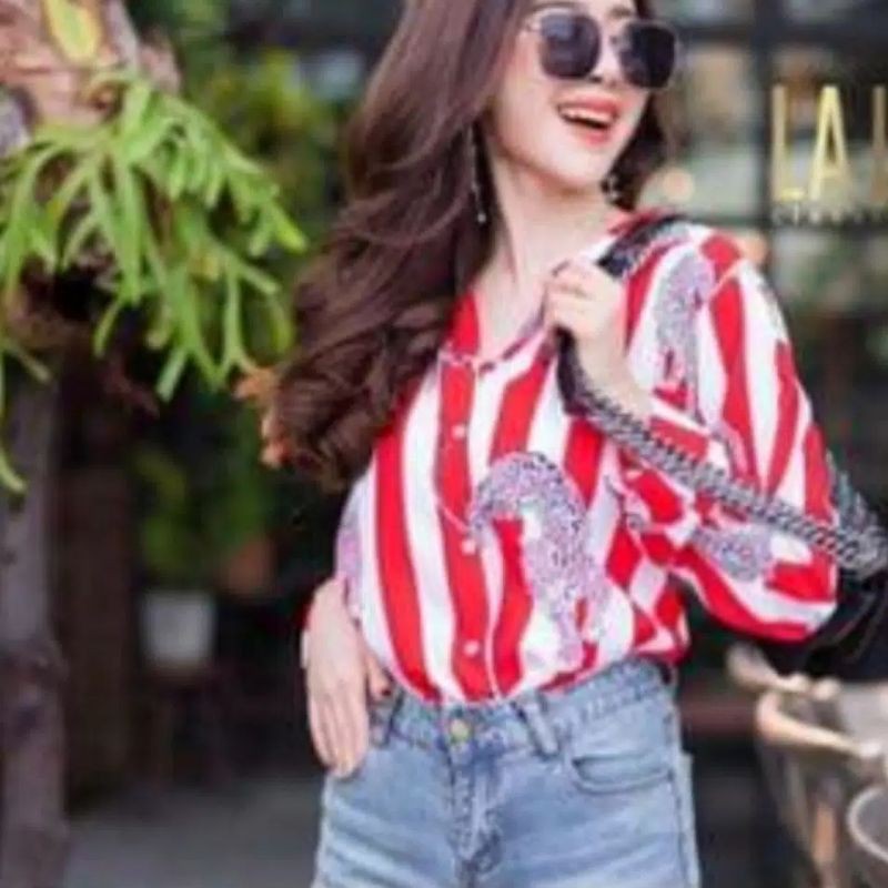 5738 Kemeja lengan panjang import wanita Atasan import wanita Kemeja salur dua warna Biru merah