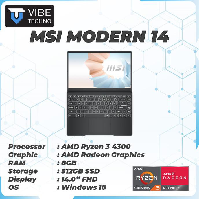 Laptop Premium Msi Modern 14 Ryzen 3 4300 8Gb 512Ssd W10 14.0Fhd Gry - Bundling Paket