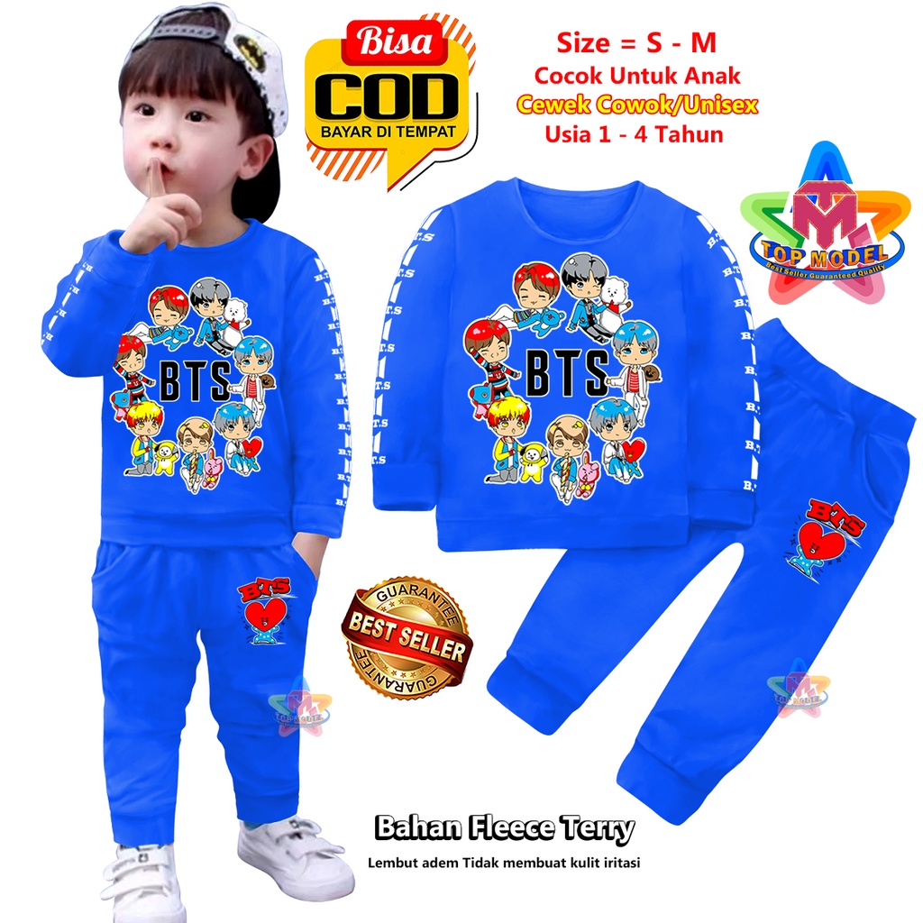 Setelan Baju Anak BTS BT21 UNISEX 1-4 Tahun Cewek Cowok,TM0004 B terbaru dan termurah Bahan Fleece Terry