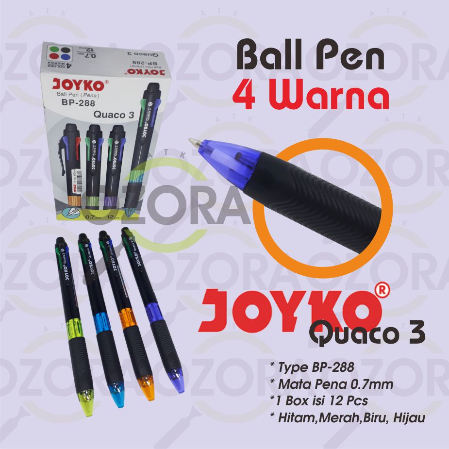 

Pulpen Ballpoint Bolpoint Pen Joyko Quaco 3 BP 288 - 0.7 mm 4 warna Murah