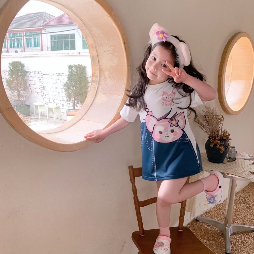 [PRINCESS KESLI] 1-9tahun Gaun anak perempuan baru/versi Korea kartun rok denim dua potong palsu/rok kasual bayi perempuan/Dress baju anak cewek/baju anak perempuan 1tahun 2tahun 3tahun kado ulang tahun anak perempuan