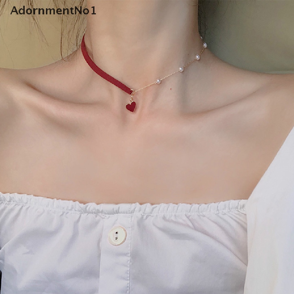 (AdornmentNo1) Kalung Choker Asimetris Liontin Hati Merah + Mutiara Imitasi Untuk Wanita