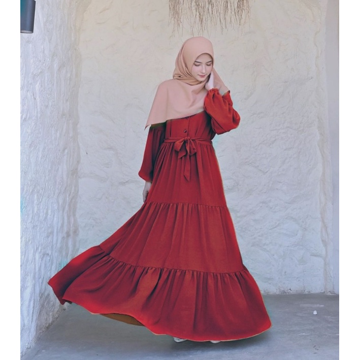 Dress Gamis Jihan Wolvis Eksklusif Merah MaroonFlowy Busui Friendly Pakaian Wanita Terbaru Amreta Cl