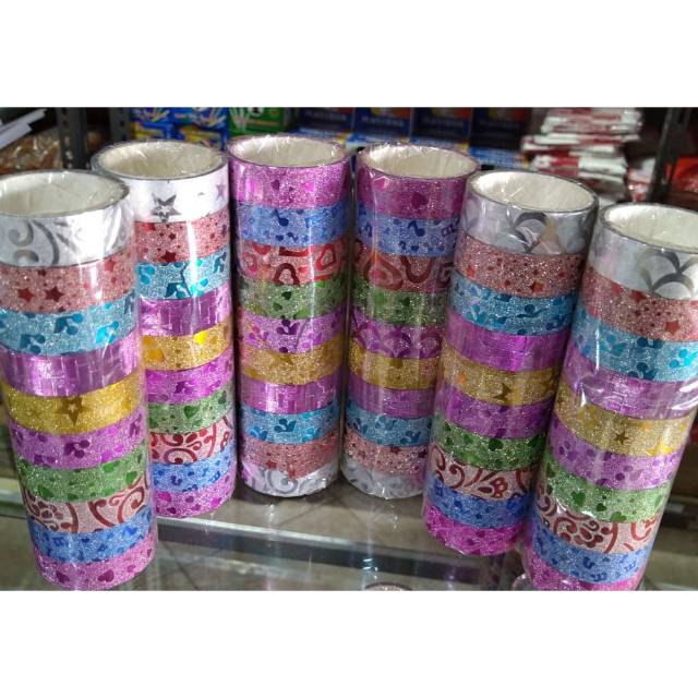 Isi 10 Pcs Selotip Gliter Motif Warna Warni  Isolatip 