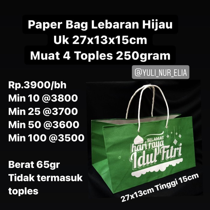 

NEW Paper Bag Lebaran Hijau Uk 27x13x15cm Muat 4 Toples 250gram