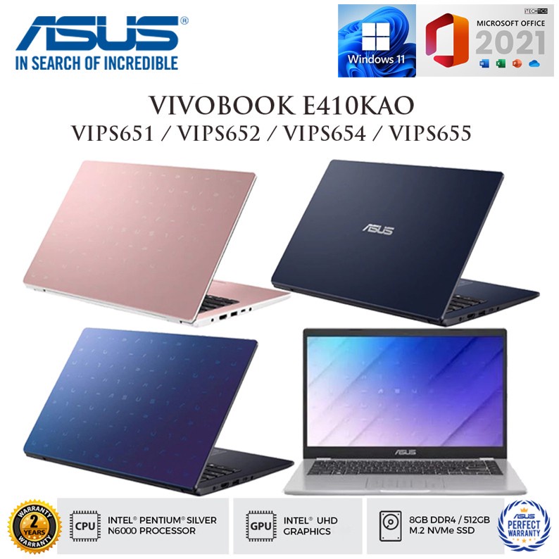 ASUS E410KAO VIPS651 VIPS655 N-6000 8GB SSD 512GB 14"VIPS WIN11 OHS NUMPAD