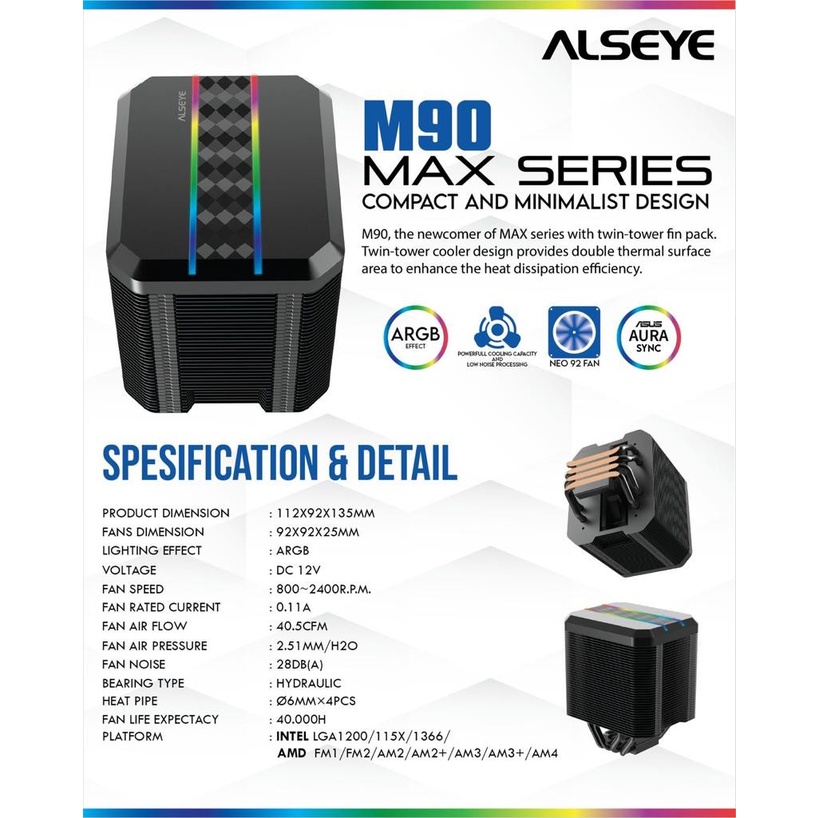 Alseye M90 Fan Processor CPU Cooler Fan Max-series RGB