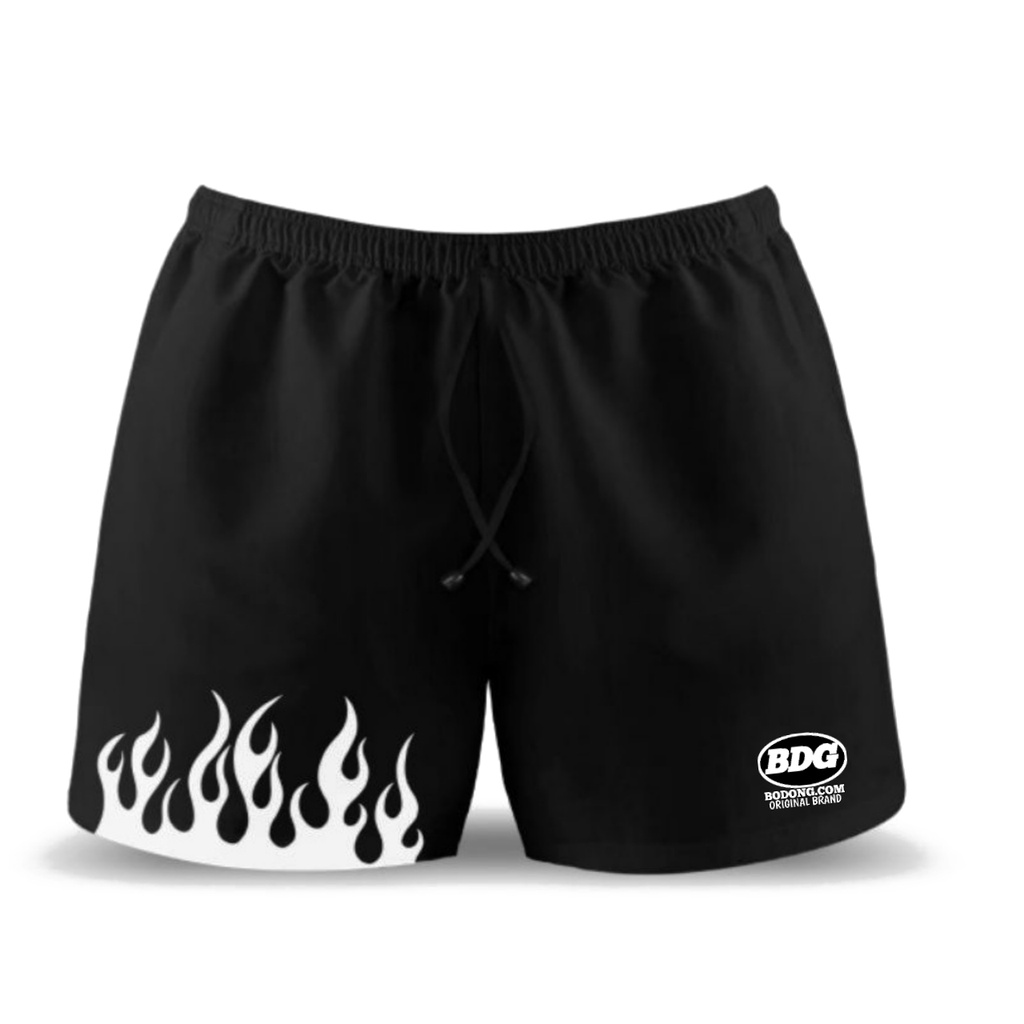 Boxer Black Motif White Fire / Boxer Pria Polos BabyTerry - Celana Pendek Pria Distro