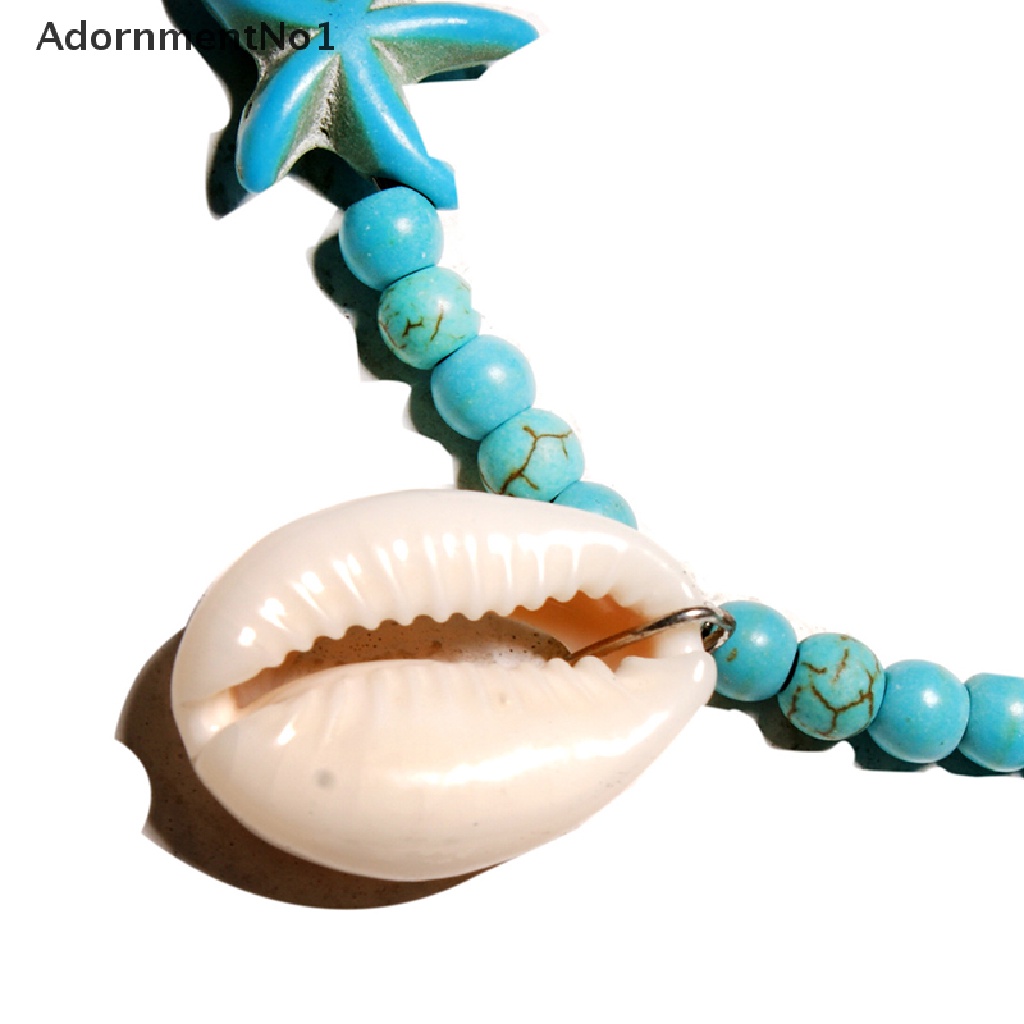 (AdornmentNo1) Kalung Choker Gaya Bohemia Motif Bintang Laut + Kerang + Manik-Manik Turquoise Untuk Wanita / Pantai