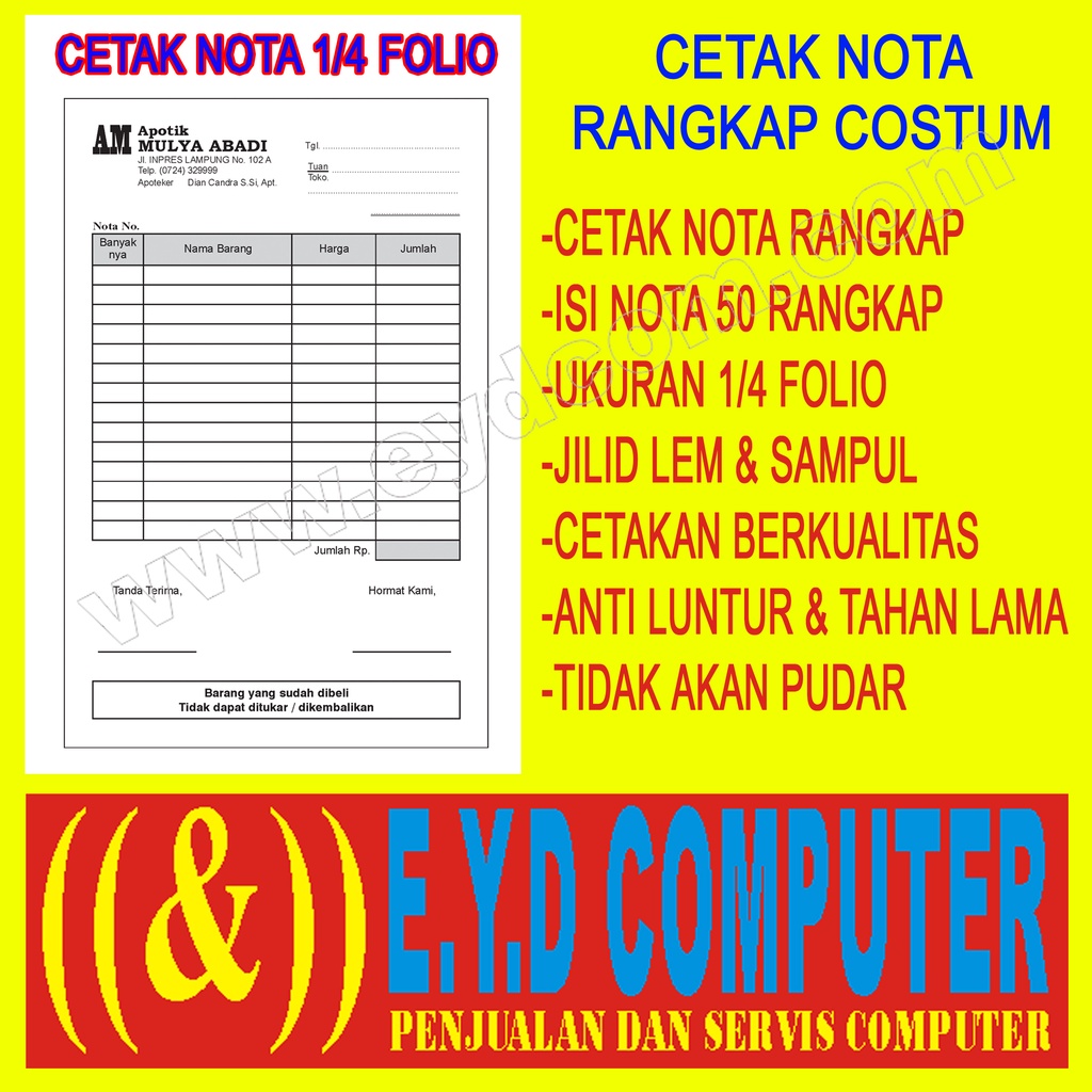 

CETAK NOTA 3 PLY 1 FOLIO BAGI 4 KERTAS NCR COSTUM ISI NOTA RANGKAP CEK BON KWITANSI SURAT JALAN