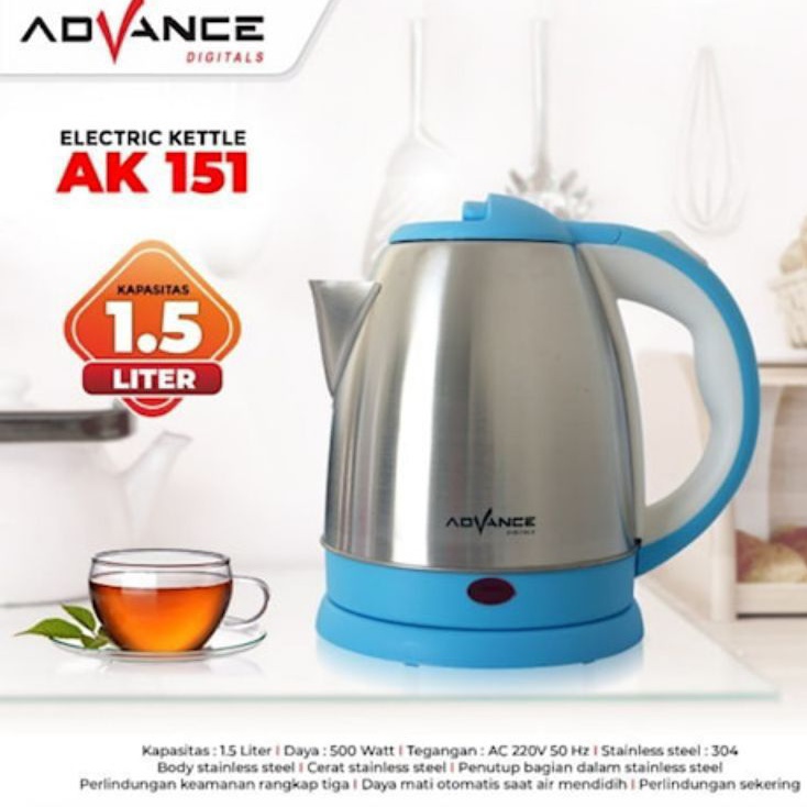 TEKO LISTRIK KETEL ADVANCE AK-151 CERET PEMANAS AIR Low Watt Poci Elektrik Teko Body Stainless Kettl