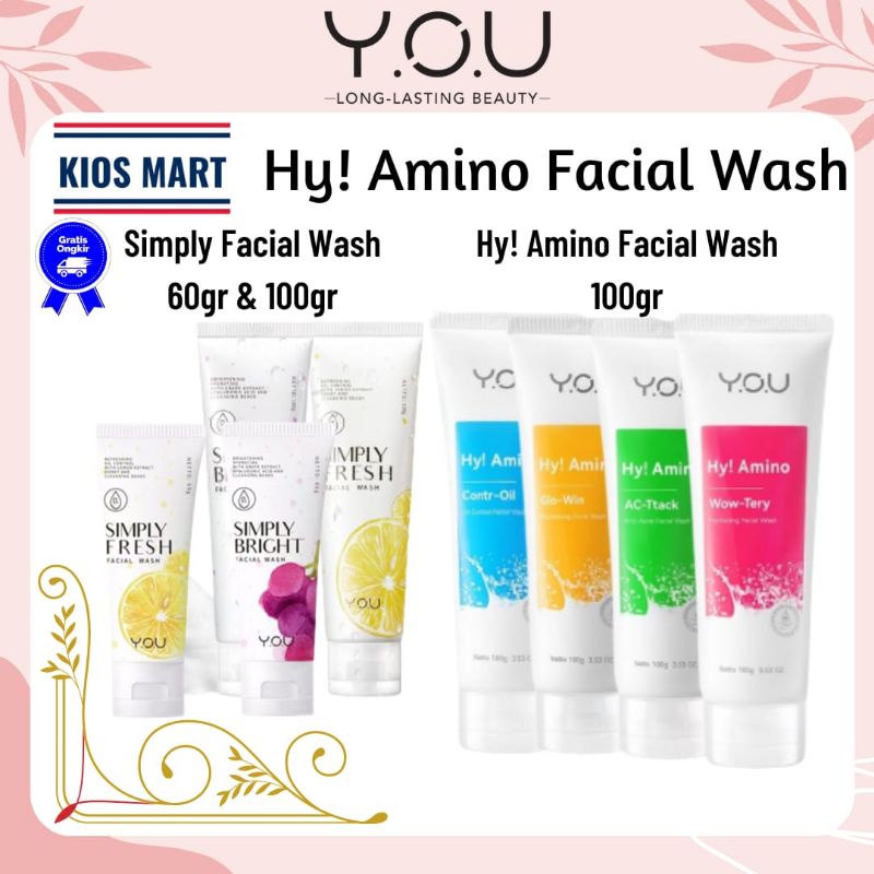 You Basic Skin Care Simply Fresh and Bright Facial Wash 60g &amp; Hy Amino Facial Wash Anti Acne | Oil Control | Brightening | Hydrating 100g