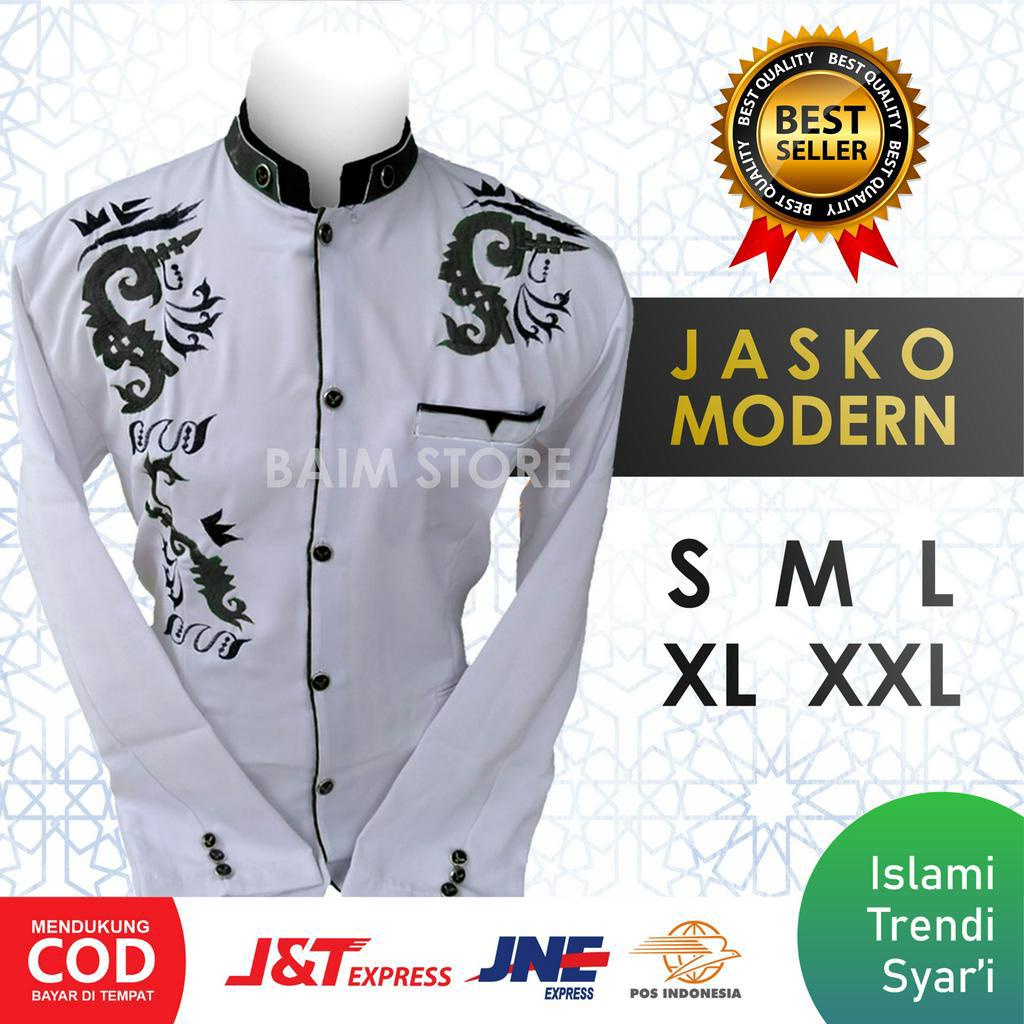Baju Koko Jasko Muslim Pria Bordir Cina Putih List Hitam S M L XL XXL