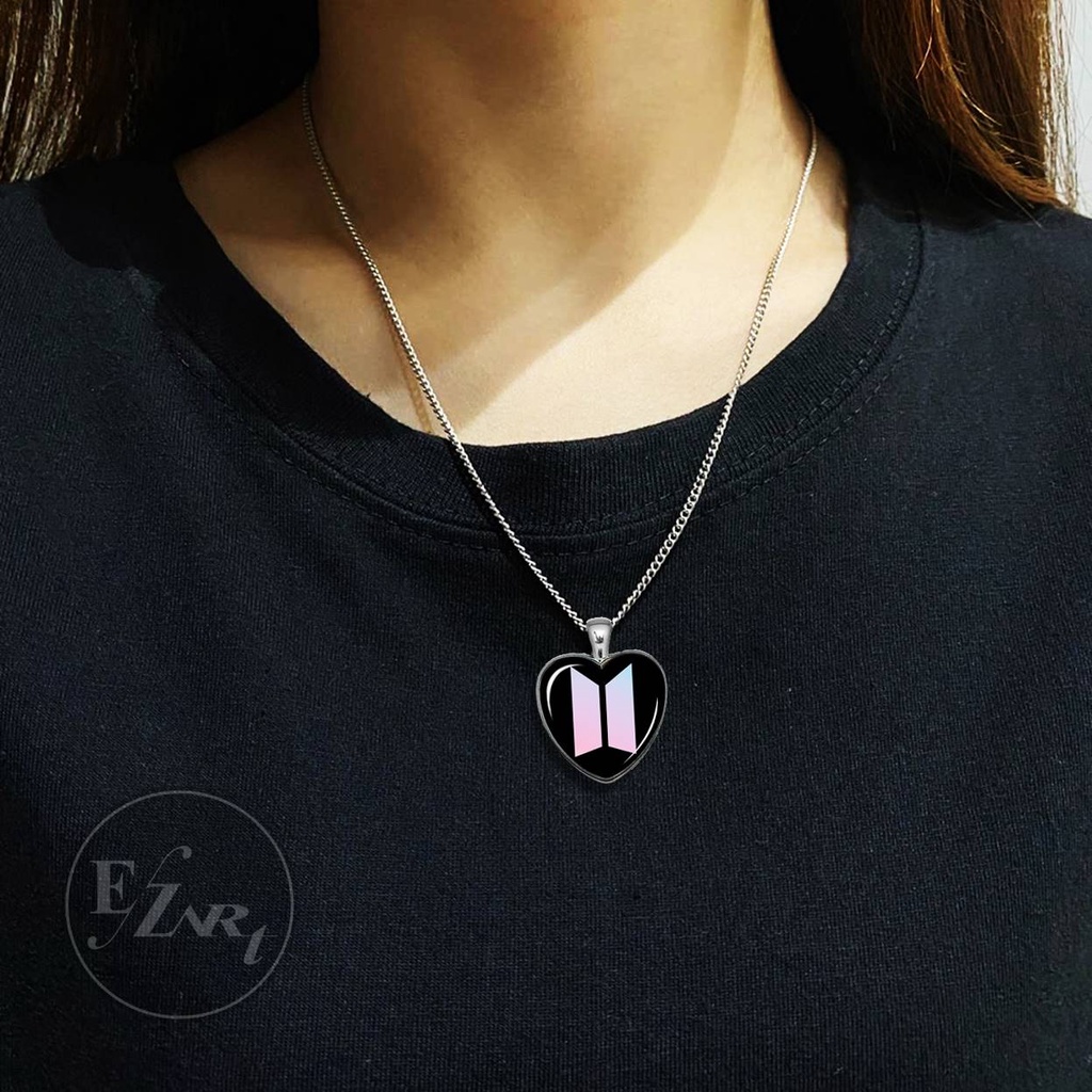 BISA CUSTOM - KALUNG BTS BANGTAN FOTO MEMBER KPOP LIONTIN BENTUK HATI CINTA KACA CEMBUNG TALI KULIT RANTAI STAINLESS STEEL