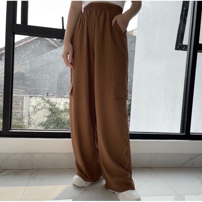 Lyora Pants Wanita | Celana Cargo Rayon Kulot Korea Premium