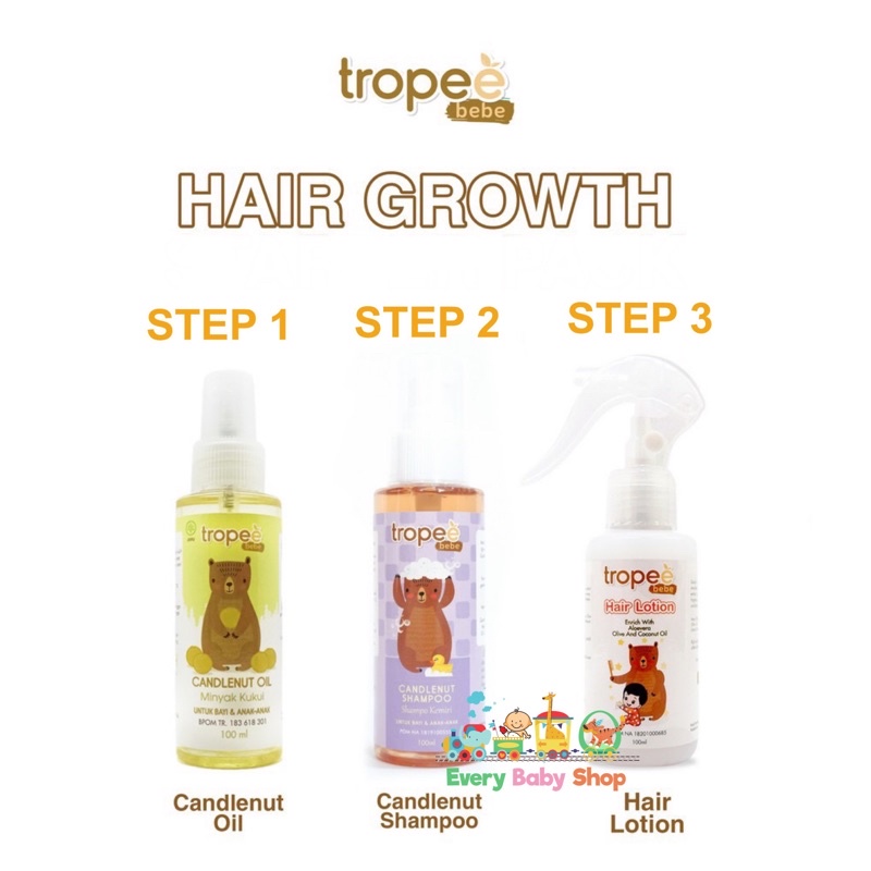 TROPEE Bebe HAIR LOTION / SHAMPO KEMIRI ( Candlenut Shampoo) / MINYAK KEMIRI KUKUI ( Oil ) / BODY WASH Anak Bayi 100ml / TELON / BUG SPRAY / DISINFEKTAN FOOD GRADE