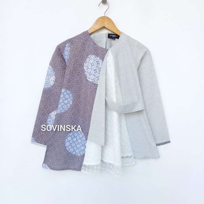 Atasan Batik M 33 Abu Abu Blus Blouse Baju Kerja Wanita Modern - Abu-abu, S