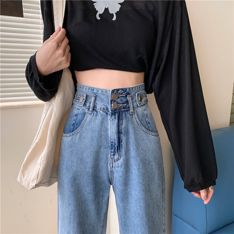 double kancing korean style pants celana lebar kasual/double kancing pants celana lebar kasual/Jeans Wanita Kekinian Celana High Waist