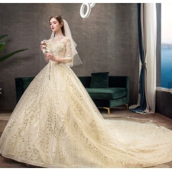 Gaun pengantin ekor satin champagne gold long sleeve muslim wedding dress