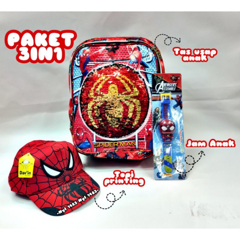 Tas ransel anak usap 2 gambar karakter superhero gratis topi jam tangan - Tas anak