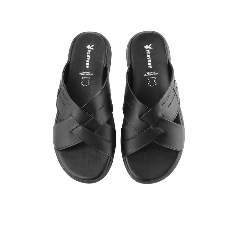 PL47 SANDAL SLIDE PLAYBOY PRIA ORIGINAL CASUAL KULIT BRANDED HITAM