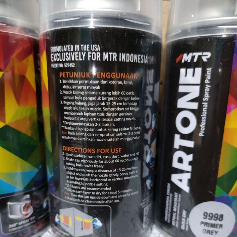 Pilok Pilox Cat Semprot MTR ARTONE Primer Grey 9998 Epoxy /Warna Dasar 300cc Ukuran Besar Tahan Bensin Semprotan Bisa diputar Miring dan Lurus ( Horizontal dan Vertical)
