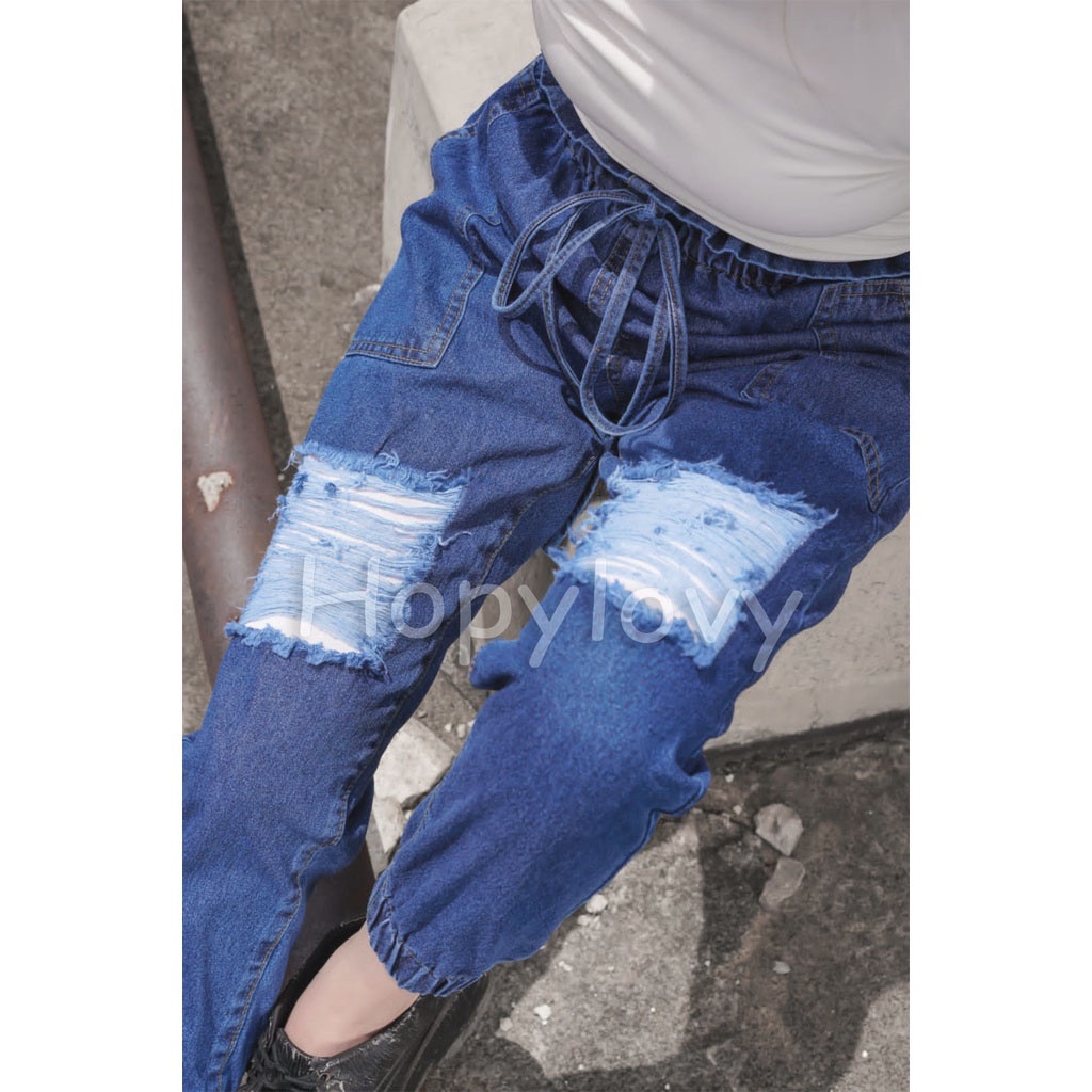 HOPYLOVY Celana Panjang Jogger Jeans Wanita HW Jeans Ripped Milena