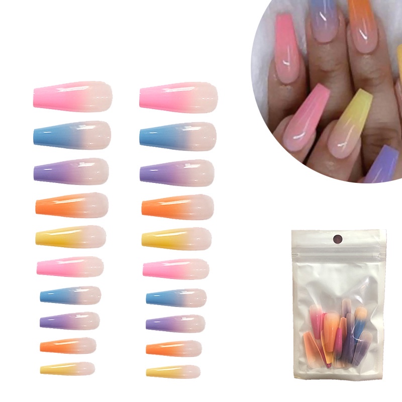 24 Pcs Kuku Palsu Panjang Bahan Akrilik Tahan Air Warna Pelangi Dengan Lem Untuk Nail Art