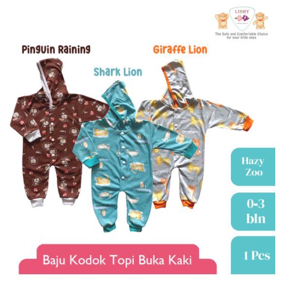 LIBBY BAJU KODOK PANJANG BUKA KAKI PAKAI TOPI [ NEWBORN ] 3PCS