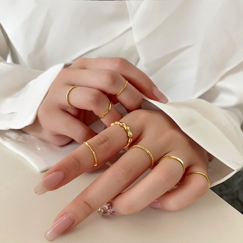 Papaozhu 8PCs Ins Trendi Perak Geometris Susun Cincin Untuk Wanita Gadis Korea Buku Jari Cincin Set Minimalis Perhiasan Set