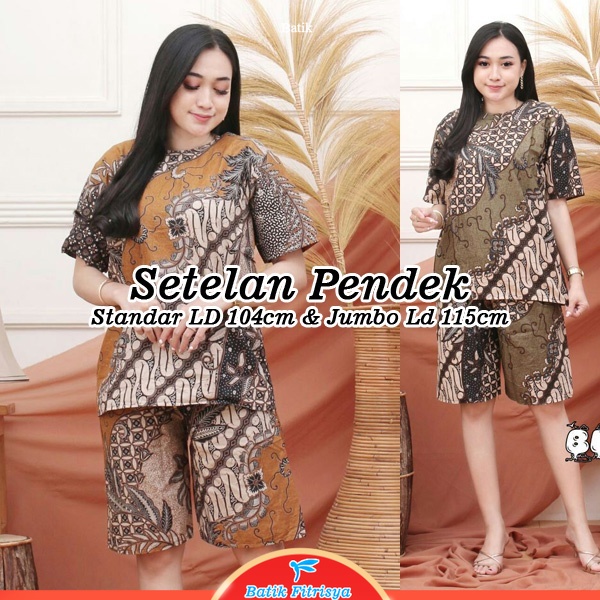 Batik Blouse & Celana Setelan - Motif Sriwijaya - Warna Orange Hijau - Ukuran Jumbo