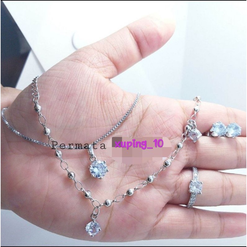 PERHIASAN TITANIUM SILVER FULL SET AKSESORIS PERMATA