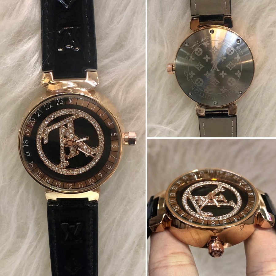 Best Seller Jam Tangan Wanita Lv Putar Black Rosegold Garansi 1th