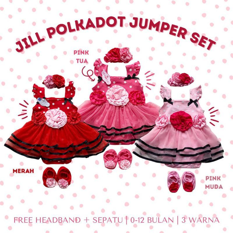 SETELAN BAJU ROMPER BAYI PEREMPUAN 0-12 BULAN / SET JUMPER ROK TUTU FREE BANDO JILL POLKADOT / SETELAN BAJU BAYI CEWEK LUCU / DRESS TUTU FLOWER BAYI /JUMPER TUTU BAYI FREE SEPATU BANDO