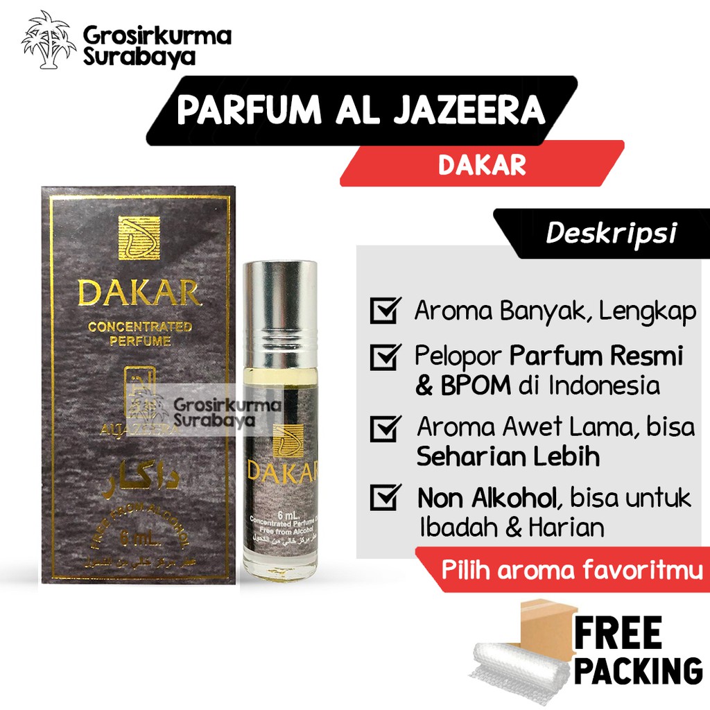 Parfum Al Jazeera DAKAR BPOM 6ml Non Alkohol Aroma Maskulin Fresh Laki Timur Tengah Sultan Rehab